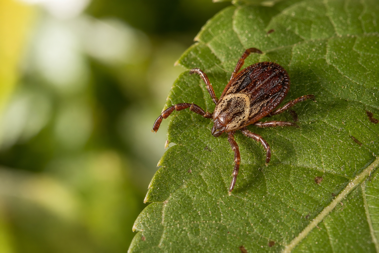 Dermacentor variabilis (American dog tick) on a leaf