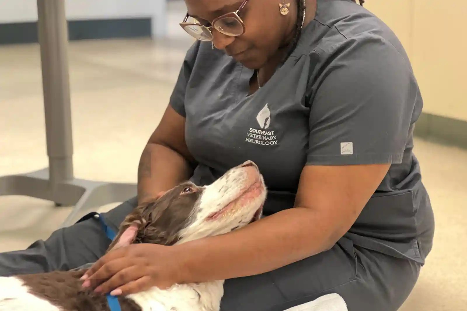 enfermeira conforta cão com tumor cerebral